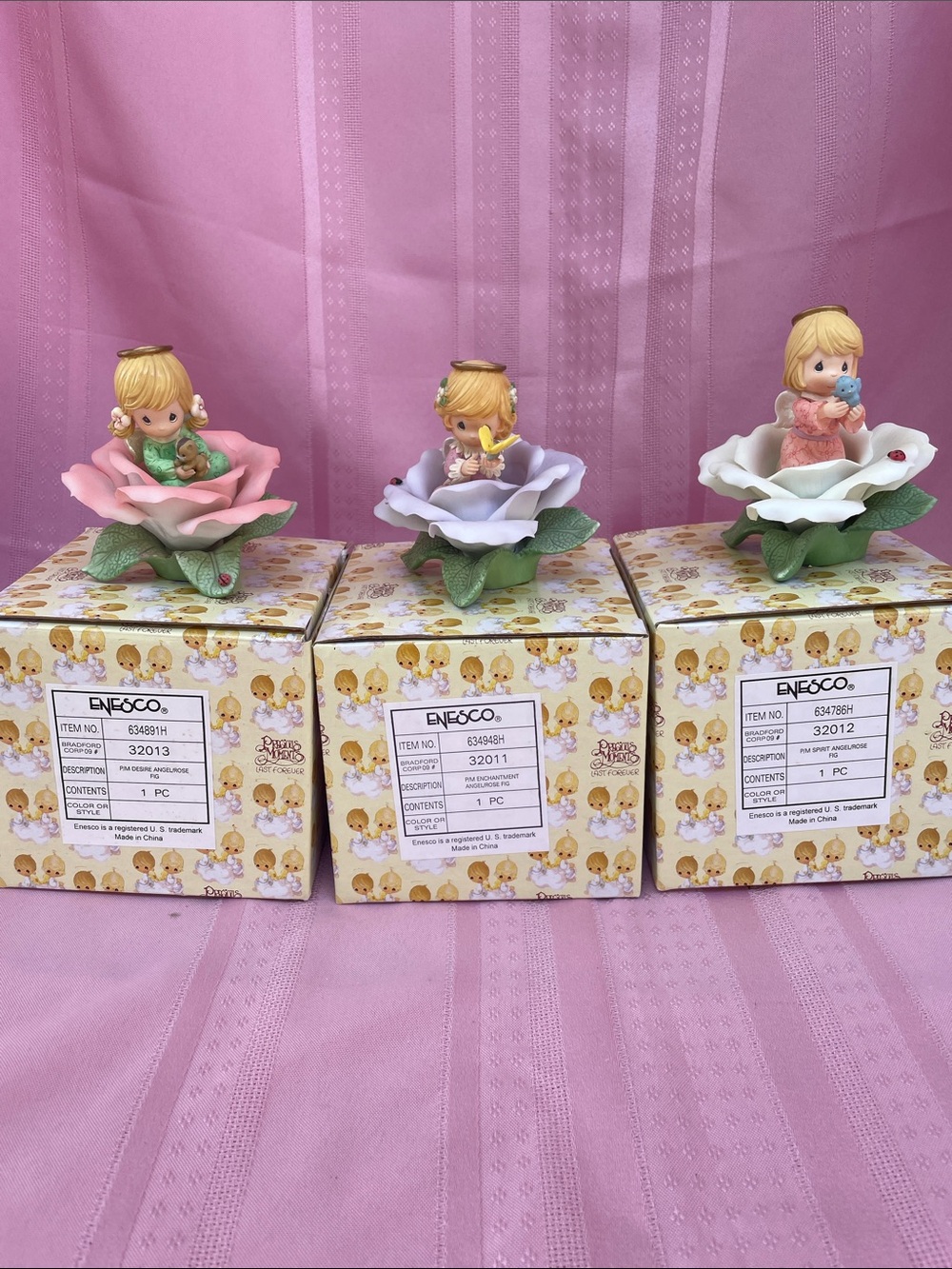Enesco Trio of Angel Figurines in Pink, Lavender, and White EXPRESSIVE BLOSSOMS
